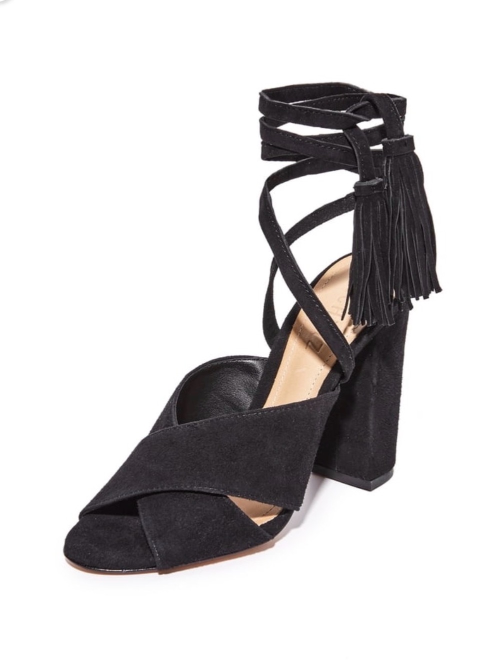 SCHUTZ Black Suede Tassel Lace-Up Heels Size 8